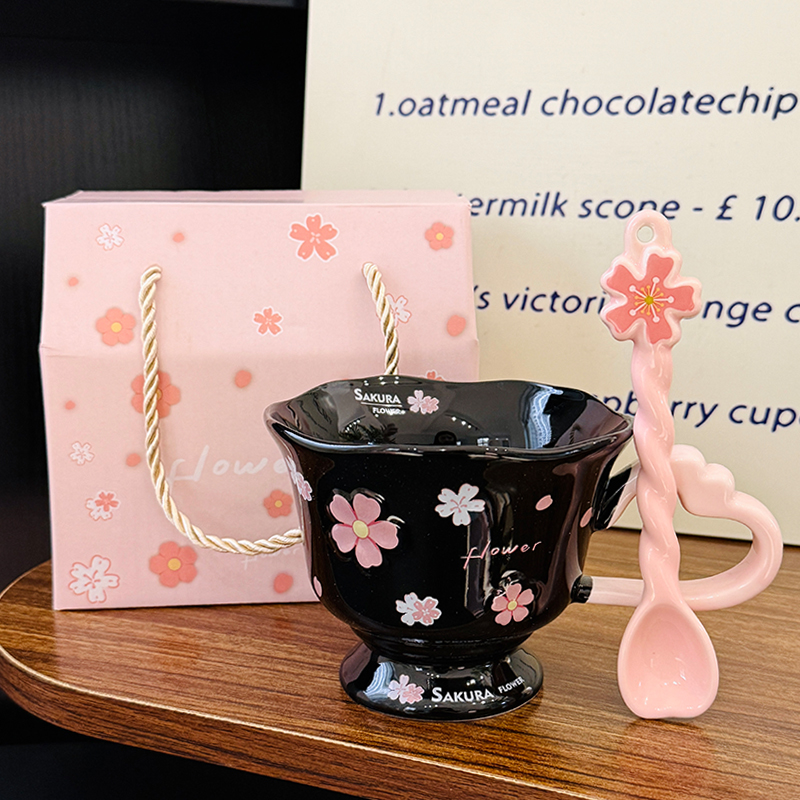Cherry Blossom Ceramic Mug with Spoon - Aesthetic Coffee Cup for Girls, Perfect Office Gift or Valentine's Day Present Cherry Blossom Ceramic Mug with Spoon - Aesthetic Coffee Cup for Girls, Perfect Office Gift or Valentine's Day Present