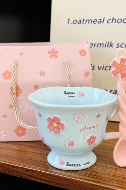 Cherry Blossom Ceramic Mug with Spoon - Aesthetic Coffee Cup for Girls, Perfect Office Gift or Valentine's Day Present