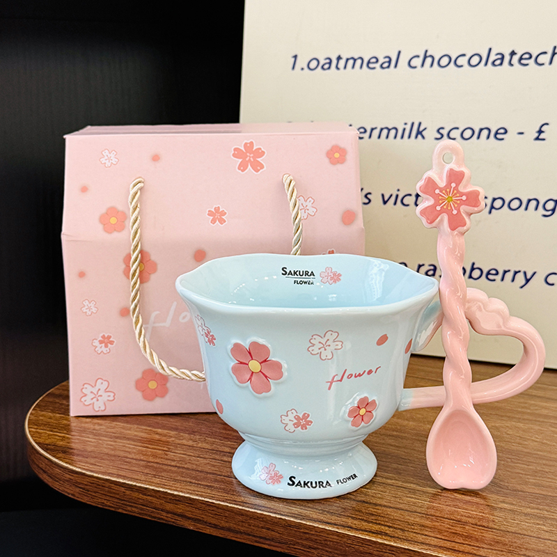 Cherry Blossom Ceramic Mug with Spoon - Aesthetic Coffee Cup for Girls, Perfect Office Gift or Valentine's Day Present Cherry Blossom Ceramic Mug with Spoon - Aesthetic Coffee Cup for Girls, Perfect Office Gift or Valentine's Day Present