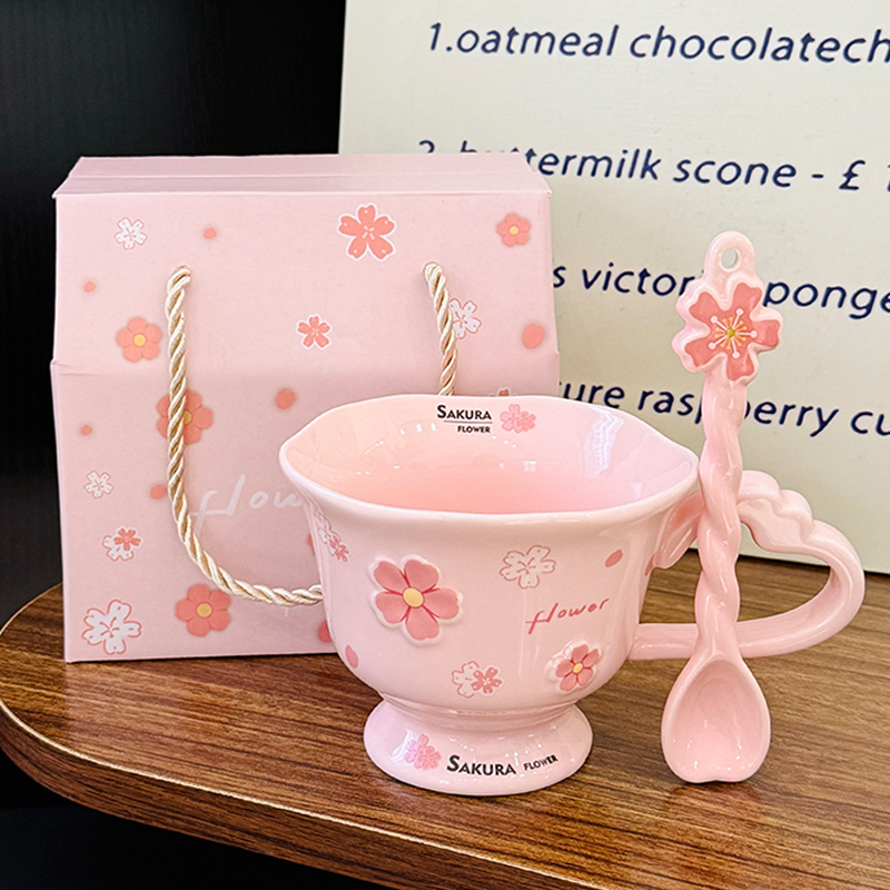 Cherry Blossom Ceramic Mug with Spoon - Aesthetic Coffee Cup for Girls, Perfect Office Gift or Valentine's Day Present Cherry Blossom Ceramic Mug with Spoon - Aesthetic Coffee Cup for Girls, Perfect Office Gift or Valentine's Day Present