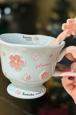Cherry Blossom Ceramic Mug with Spoon - Aesthetic Coffee Cup for Girls, Perfect Office Gift or Valentine's Day Present