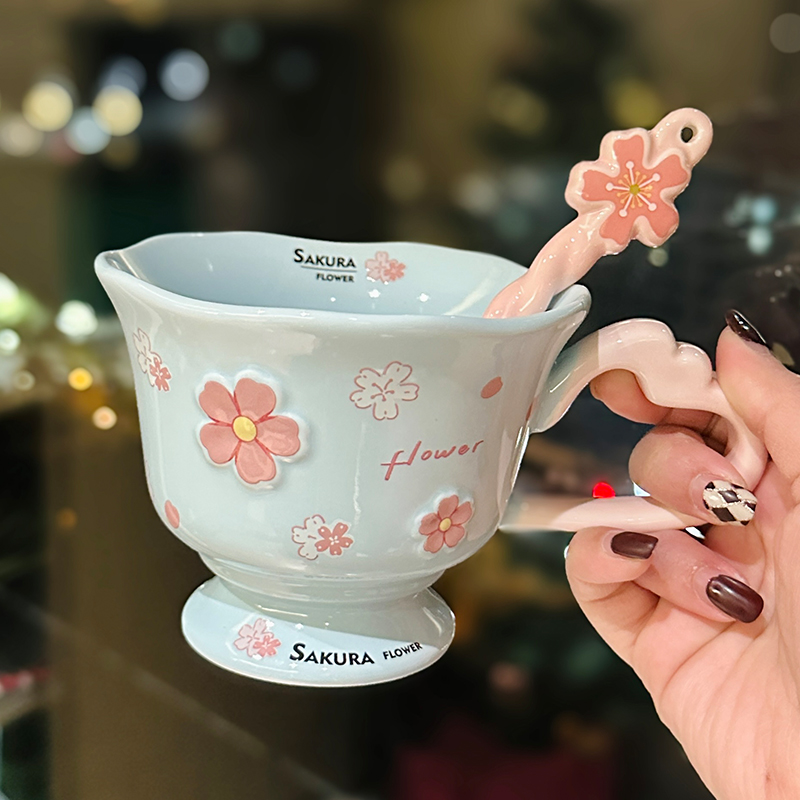 Cherry Blossom Ceramic Mug with Spoon - Aesthetic Coffee Cup for Girls, Perfect Office Gift or Valentine's Day Present Cherry Blossom Ceramic Mug with Spoon - Aesthetic Coffee Cup for Girls, Perfect Office Gift or Valentine's Day Present