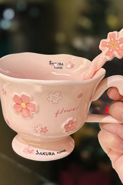 Cherry Blossom Ceramic Mug with Spoon - Aesthetic Coffee Cup for Girls, Perfect Office Gift or Valentine's Day Present