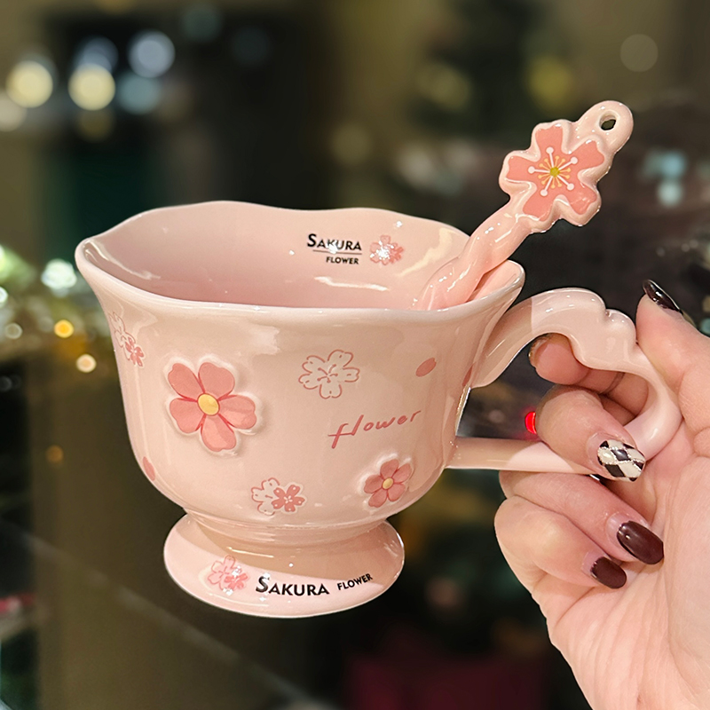 Cherry Blossom Ceramic Mug with Spoon - Aesthetic Coffee Cup for Girls, Perfect Office Gift or Valentine's Day Present Cherry Blossom Ceramic Mug with Spoon - Aesthetic Coffee Cup for Girls, Perfect Office Gift or Valentine's Day Present