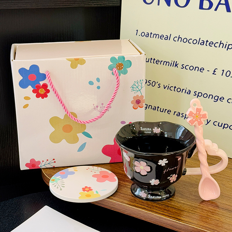 Cherry Blossom Ceramic Mug with Spoon - Aesthetic Coffee Cup for Girls, Perfect Office Gift or Valentine's Day Present Cherry Blossom Ceramic Mug with Spoon - Aesthetic Coffee Cup for Girls, Perfect Office Gift or Valentine's Day Present