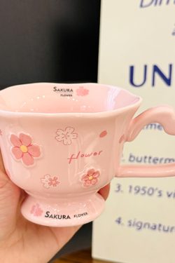 Cherry Blossom Ceramic Mug with Spoon - Aesthetic Coffee Cup for Girls, Perfect Office Gift or Valentine's Day Present