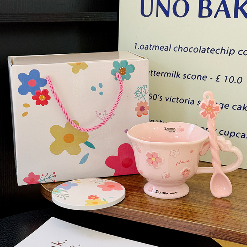 Cherry Blossom Ceramic Mug with Spoon - Aesthetic Coffee Cup for Girls, Perfect Office Gift or Valentine's Day Present Cherry Blossom Ceramic Mug with Spoon - Aesthetic Coffee Cup for Girls, Perfect Office Gift or Valentine's Day Present