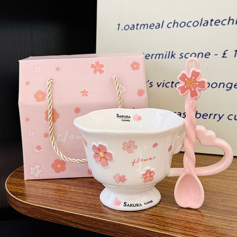 Cherry Blossom Ceramic Mug with Spoon - Aesthetic Coffee Cup for Girls, Perfect Office Gift or Valentine's Day Present Cherry Blossom Ceramic Mug with Spoon - Aesthetic Coffee Cup for Girls, Perfect Office Gift or Valentine's Day Present