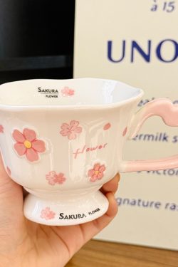 Cherry Blossom Ceramic Mug with Spoon - Aesthetic Coffee Cup for Girls, Perfect Office Gift or Valentine's Day Present