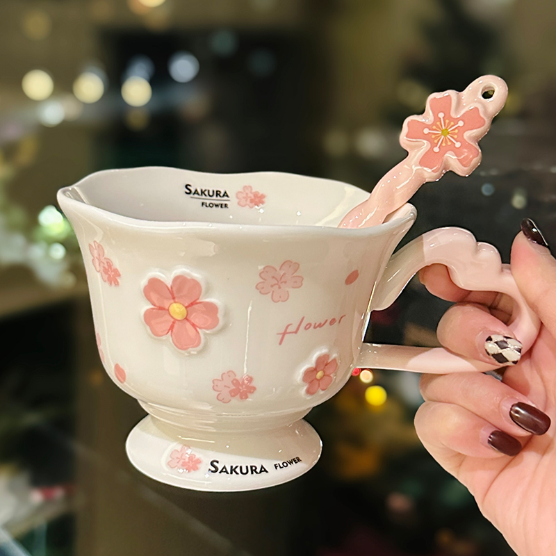 Cherry Blossom Ceramic Mug with Spoon - Aesthetic Coffee Cup for Girls, Perfect Office Gift or Valentine's Day Present Cherry Blossom Ceramic Mug with Spoon - Aesthetic Coffee Cup for Girls, Perfect Office Gift or Valentine's Day Present