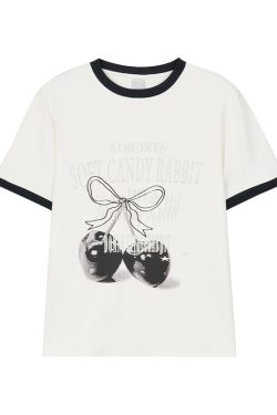Cherry Print Color-Blocked Round Neck Loose Casual Summer Top - Gray White Multicolor Tee for Girls, Y2K Fashion Style