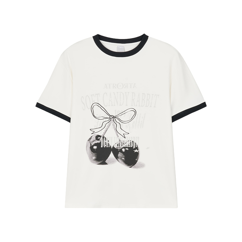 Cherry Print Color-Blocked Round Neck Loose Casual Summer Top - Gray White Multicolor Tee for Girls, Y2K Fashion Style Cherry Print Color-Blocked Round Neck Loose Casual Summer Top - Gray White Multicolor Tee for Girls, Y2K Fashion Style