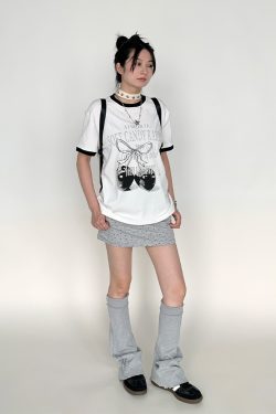 Cherry Print Color-Blocked Round Neck Loose Casual Summer Top - Gray White Multicolor Tee for Girls, Y2K Fashion Style