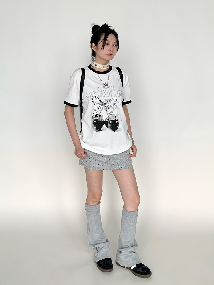 Cherry Print Color-Blocked Round Neck Loose Casual Summer Top - Gray White Multicolor Tee for Girls, Y2K Fashion Style Cherry Print Color-Blocked Round Neck Loose Casual Summer Top - Gray White Multicolor Tee for Girls, Y2K Fashion Style