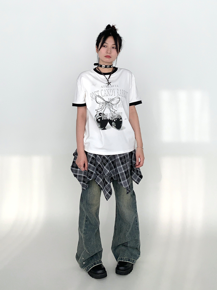 Cherry Print Color-Blocked Round Neck Loose Casual Summer Top - Gray White Multicolor Tee for Girls, Y2K Fashion Style Cherry Print Color-Blocked Round Neck Loose Casual Summer Top - Gray White Multicolor Tee for Girls, Y2K Fashion Style