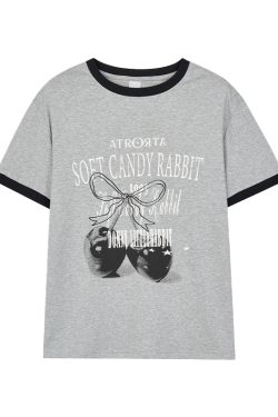 Cherry Print Color-Blocked Round Neck Loose Casual Summer Top - Gray White Multicolor Tee for Girls, Y2K Fashion Style