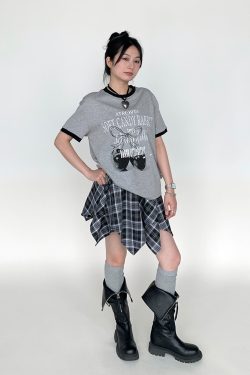 Cherry Print Color-Blocked Round Neck Loose Casual Summer Top - Gray White Multicolor Tee for Girls, Y2K Fashion Style