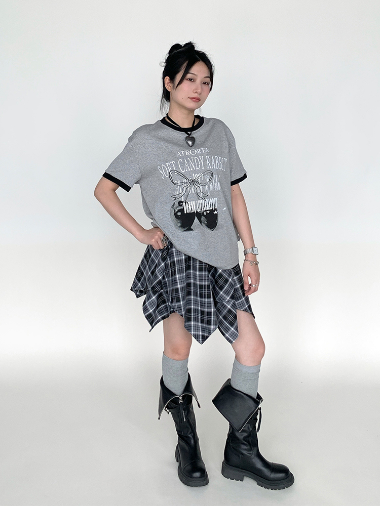 Cherry Print Color-Blocked Round Neck Loose Casual Summer Top - Gray White Multicolor Tee for Girls, Y2K Fashion Style Cherry Print Color-Blocked Round Neck Loose Casual Summer Top - Gray White Multicolor Tee for Girls, Y2K Fashion Style