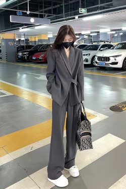Chic Belted Suit Jacket and Wide-Leg Pants Two-Piece Set for Women - Spring Autumn Casual Outfit Trend
