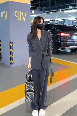 Chic Belted Suit Jacket and Wide-Leg Pants Two-Piece Set for Women - Spring Autumn Casual Outfit Trend