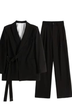 Chic Belted Suit Jacket and Wide-Leg Pants Two-Piece Set for Women - Spring Autumn Casual Outfit Trend