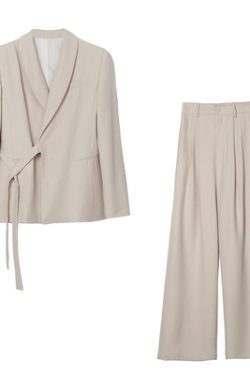 Chic Belted Suit Jacket and Wide-Leg Pants Two-Piece Set for Women - Spring Autumn Casual Outfit Trend