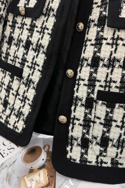 Chic Black and White Check Short Coat for Women - Stylish Blazer for Autumn and Winter 2024 Fashion