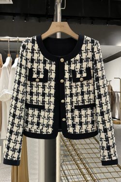 Chic Black and White Check Short Coat for Women - Stylish Blazer for Autumn and Winter 2024 Fashion