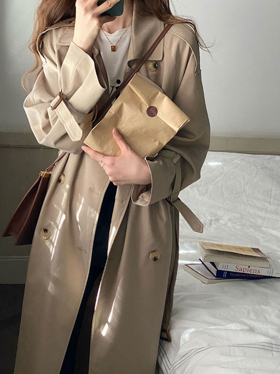 Chic Black Mid-Length Trench Coat for Women, 2024 British Style, Trendy Petite Fashion Outerwear Chic Black Mid-Length Trench Coat for Women, 2024 British Style, Trendy Petite Fashion Outerwear