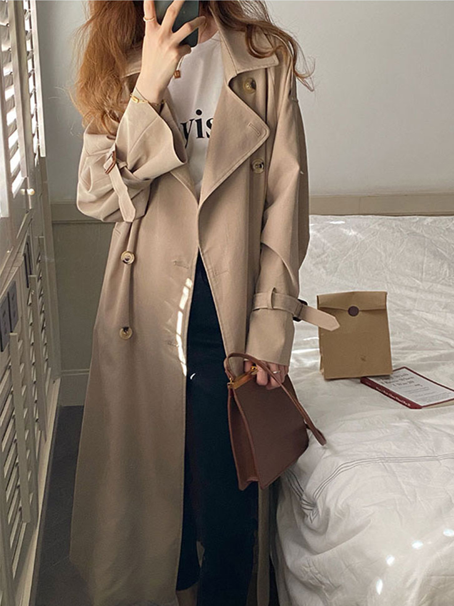 Chic Black Mid-Length Trench Coat for Women, 2024 British Style, Trendy Petite Fashion Outerwear Chic Black Mid-Length Trench Coat for Women, 2024 British Style, Trendy Petite Fashion Outerwear