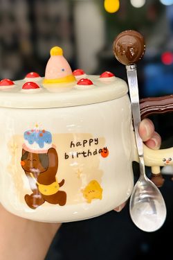 Chic Ceramic Water Cup - Cute Birthday Cake Design Coffee Mug Gift for Trendy Girls, Perfect Souvenir for Special Occasions