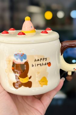 Chic Ceramic Water Cup - Cute Birthday Cake Design Coffee Mug Gift for Trendy Girls, Perfect Souvenir for Special Occasions