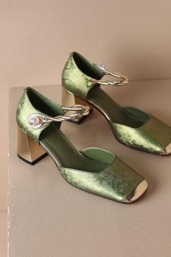 Chic Genuine Leather Square-Toe Mesh Mary Jane Shoes for Women, Spring 2023 Style with Pearl Chunky Heel