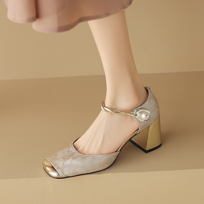 Chic Genuine Leather Square-Toe Mesh Mary Jane Shoes for Women, Spring 2023 Style with Pearl Chunky Heel Chic Genuine Leather Square-Toe Mesh Mary Jane Shoes for Women, Spring 2023 Style with Pearl Chunky Heel