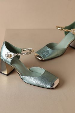 Chic Genuine Leather Square-Toe Mesh Mary Jane Shoes for Women, Spring 2023 Style with Pearl Chunky Heel