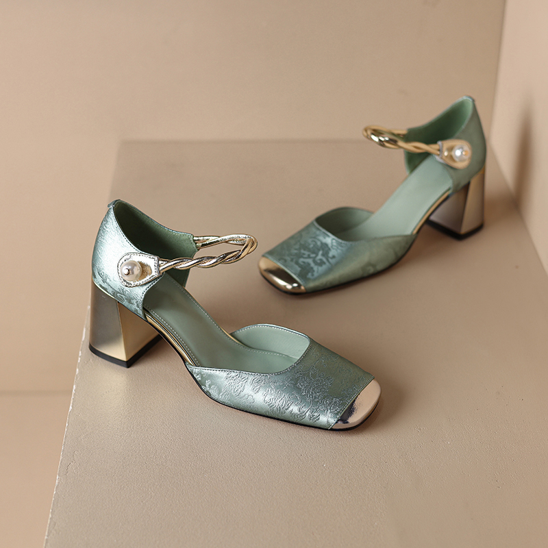 Chic Genuine Leather Square-Toe Mesh Mary Jane Shoes for Women, Spring 2023 Style with Pearl Chunky Heel Chic Genuine Leather Square-Toe Mesh Mary Jane Shoes for Women, Spring 2023 Style with Pearl Chunky Heel