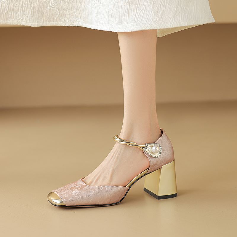 Chic Genuine Leather Square-Toe Mesh Mary Jane Shoes for Women, Spring 2023 Style with Pearl Chunky Heel Chic Genuine Leather Square-Toe Mesh Mary Jane Shoes for Women, Spring 2023 Style with Pearl Chunky Heel