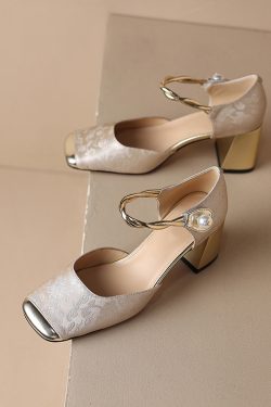 Chic Genuine Leather Square-Toe Mesh Mary Jane Shoes for Women, Spring 2023 Style with Pearl Chunky Heel