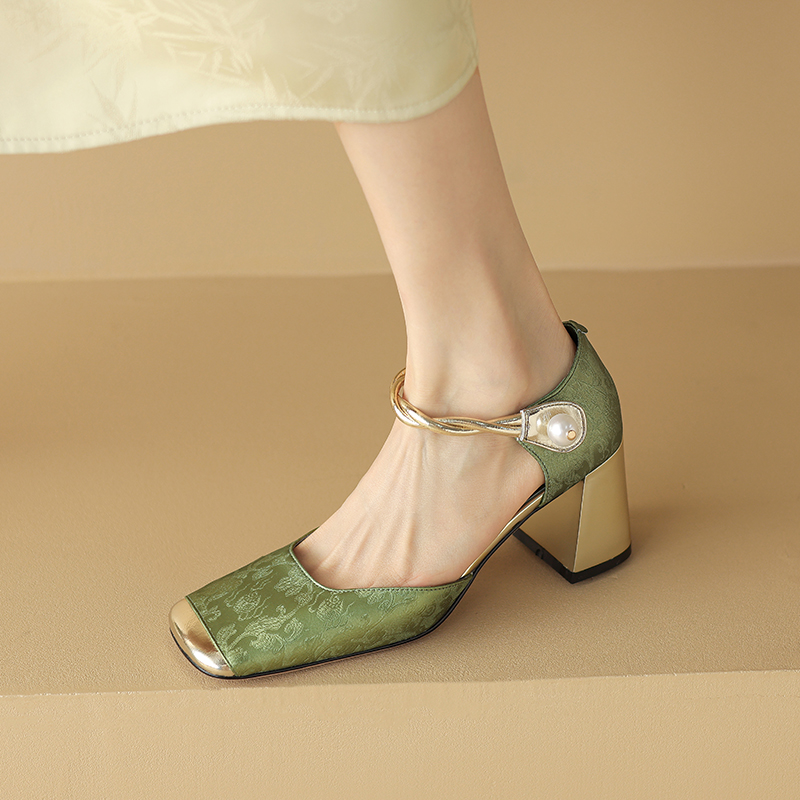 Chic Genuine Leather Square-Toe Mesh Mary Jane Shoes for Women, Spring 2023 Style with Pearl Chunky Heel Chic Genuine Leather Square-Toe Mesh Mary Jane Shoes for Women, Spring 2023 Style with Pearl Chunky Heel