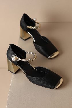 Chic Genuine Leather Square-Toe Mesh Mary Jane Shoes for Women, Spring 2023 Style with Pearl Chunky Heel