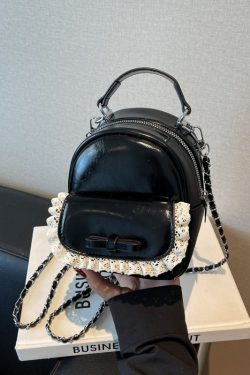 Chic Mini Cute Backpack Shoulder Bag for Women with Stylish Chain Detail and Elegant Lace Trim