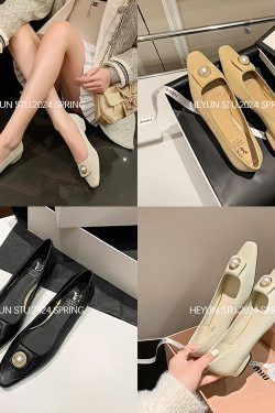 Chic Pearl Mom Shoes - Italian Flat Low-Heeled Shoes for Women, French Elegance, Chanel-Inspired, Trendy Fashion Footwear