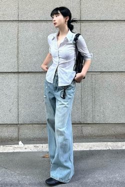 Chic Retro Hong Kong Style Color-Blocked Striped Short Sleeve Shirt for Women - Waist-Cinching Slim Fit Summer Top