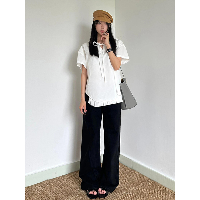 Chic Retro Hong Kong Style V-Neck Tie Design Short Sleeve Top for Women - Loose Casual White Summer Shirt Chic Retro Hong Kong Style V-Neck Tie Design Short Sleeve Top for Women - Loose Casual White Summer Shirt