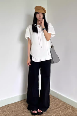 Chic Retro Hong Kong Style V-Neck Tie Design Short Sleeve Top for Women - Loose Casual White Summer Shirt