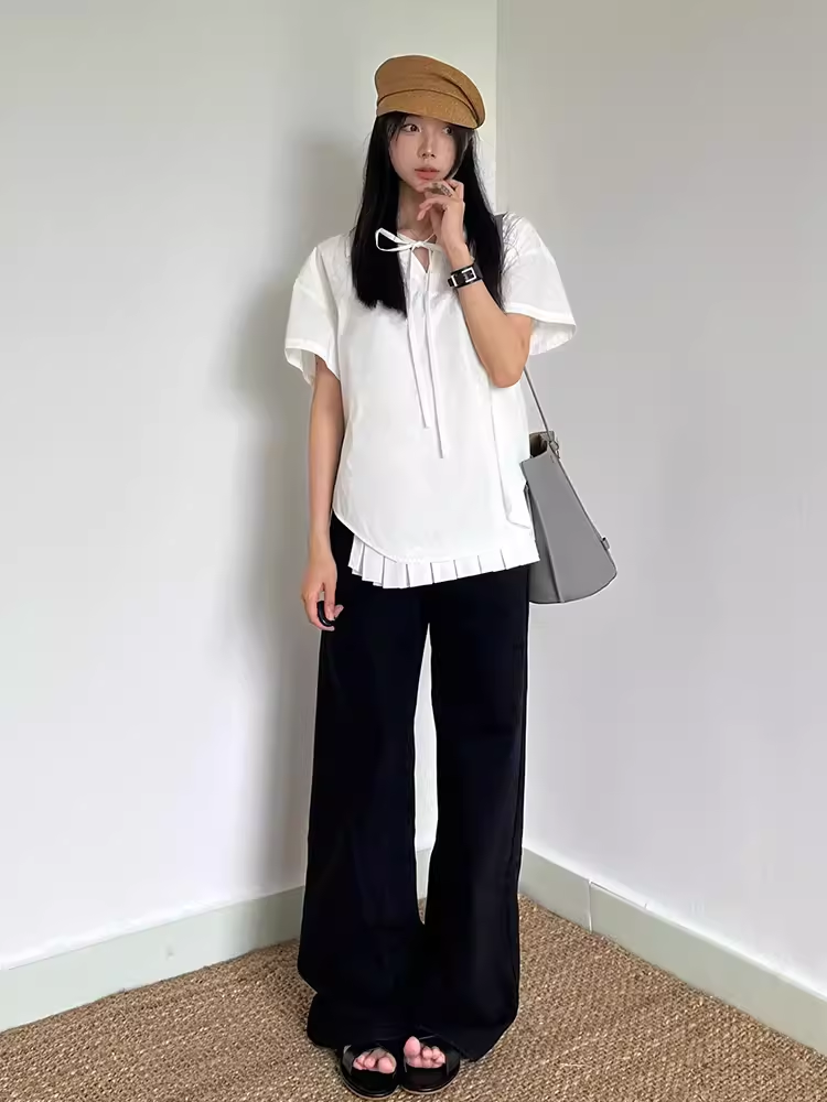 Chic Retro Hong Kong Style V-Neck Tie Design Short Sleeve Top for Women - Loose Casual White Summer Shirt Chic Retro Hong Kong Style V-Neck Tie Design Short Sleeve Top for Women - Loose Casual White Summer Shirt