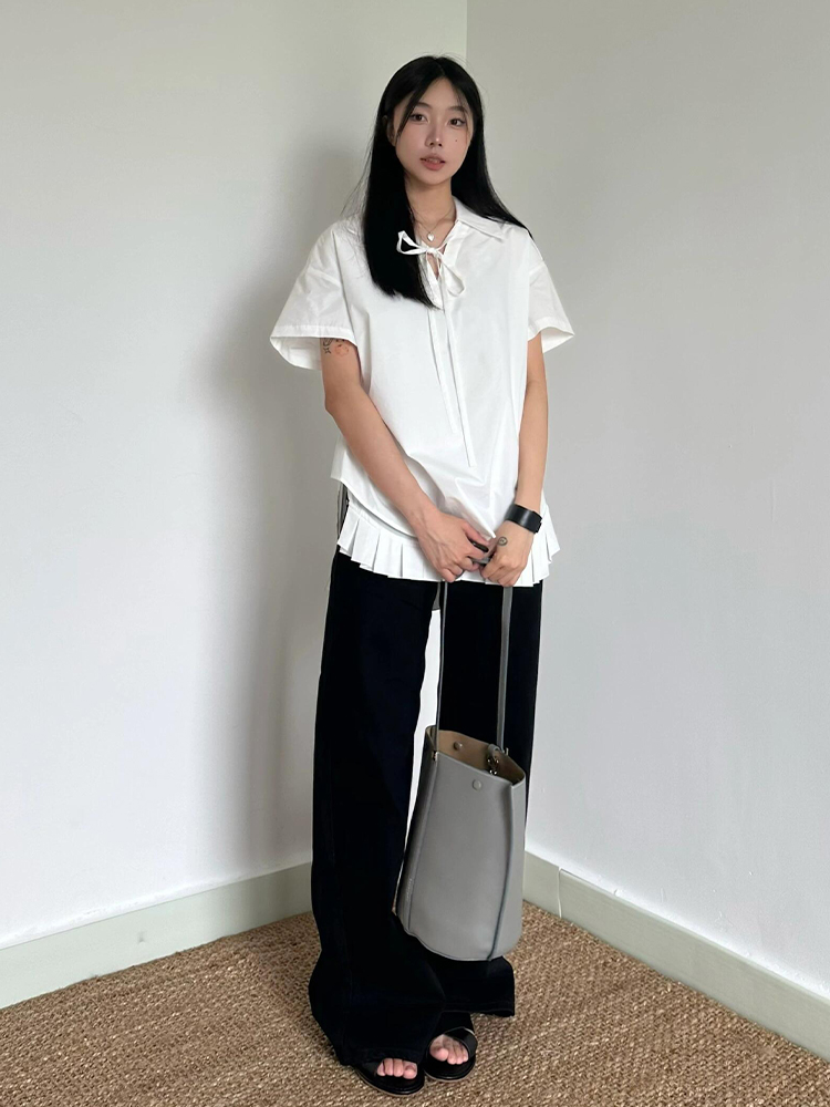 Chic Retro Hong Kong Style V-Neck Tie Design Short Sleeve Top for Women - Loose Casual White Summer Shirt Chic Retro Hong Kong Style V-Neck Tie Design Short Sleeve Top for Women - Loose Casual White Summer Shirt