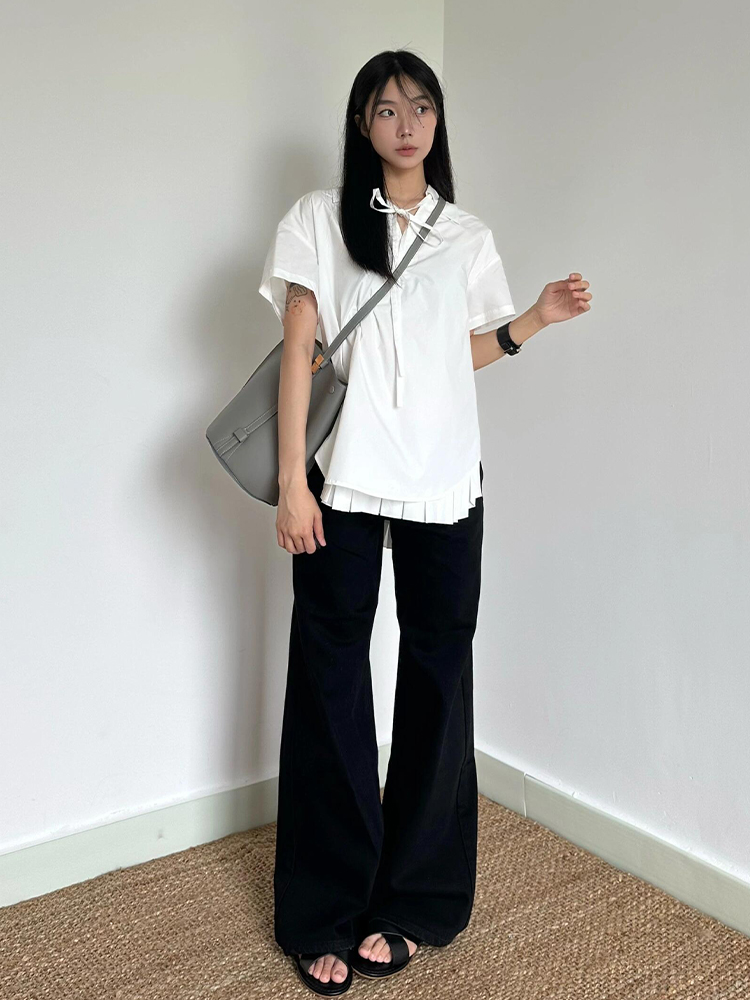 Chic Retro Hong Kong Style V-Neck Tie Design Short Sleeve Top for Women - Loose Casual White Summer Shirt Chic Retro Hong Kong Style V-Neck Tie Design Short Sleeve Top for Women - Loose Casual White Summer Shirt