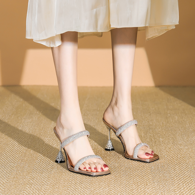 Chic Summer High-Heeled Sandals for Women, Rhinestone One-Strap Design, Backless Slip-On Cool Slippers, Trendy Footwear Chic Summer High-Heeled Sandals for Women, Rhinestone One-Strap Design, Backless Slip-On Cool Slippers, Trendy Footwear