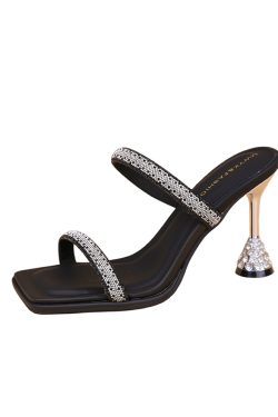 Chic Summer High-Heeled Sandals for Women, Rhinestone One-Strap Design, Backless Slip-On Cool Slippers, Trendy Footwear